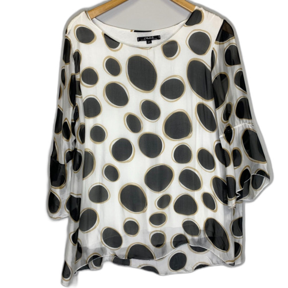 Charlie B Sheer Silk Blouse Lined Bell Sleeve Polka Dots Old Money Italy Large - Picture 1 of 14